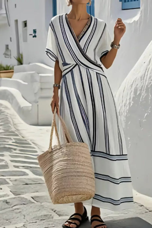 Striped Wrap Half Sleeve Maxi Dress in White