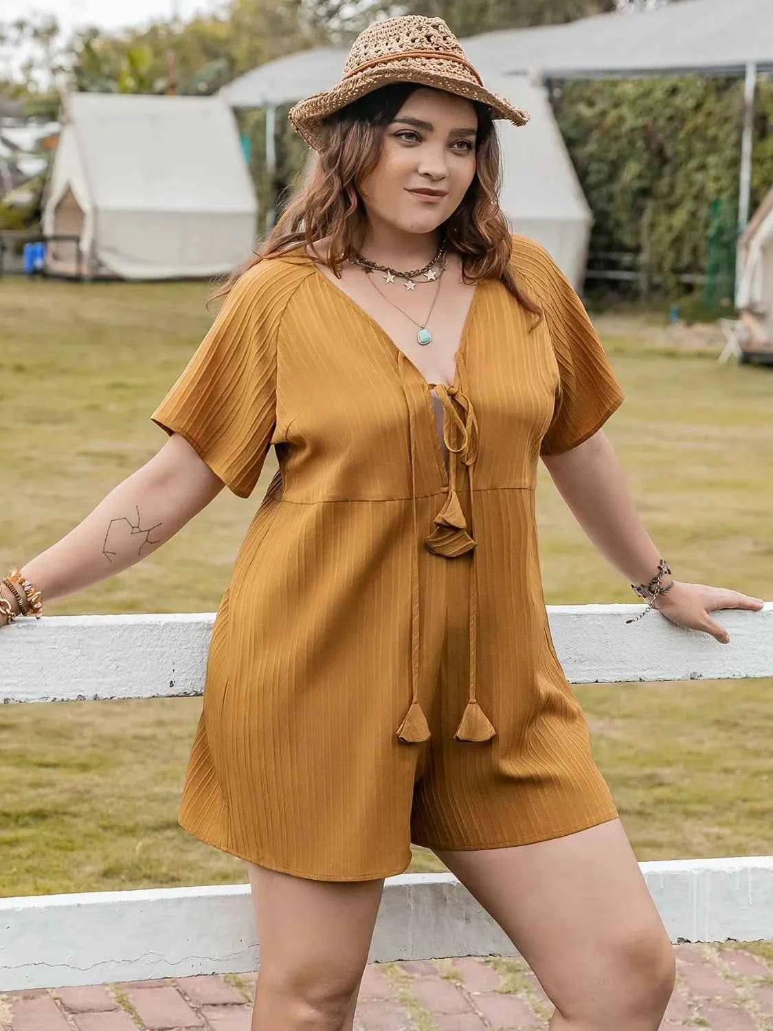 Plus Size V-Neck Short Sleeve Romper