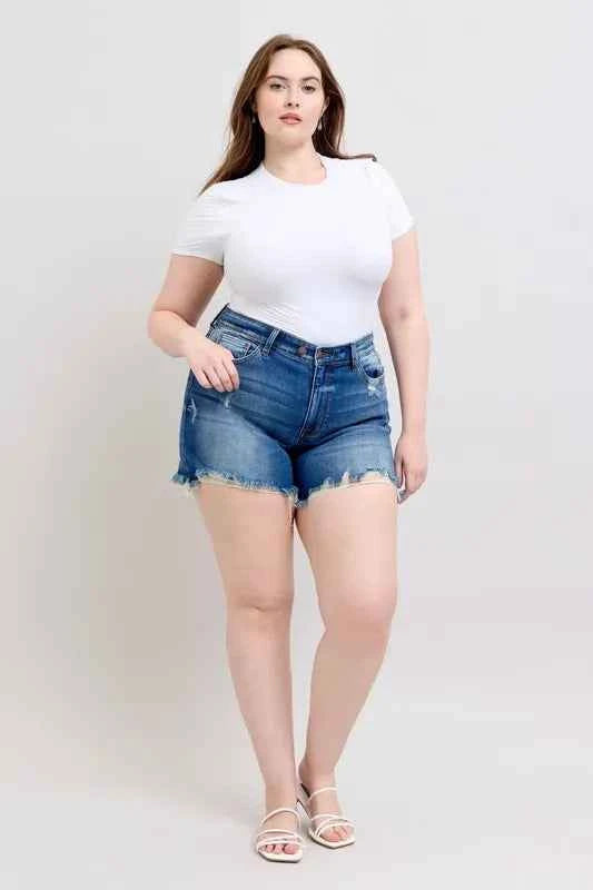 Judy Blue Plus Size 2 Button Dad Shorts with Destrroy