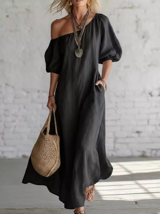 One-Shoulder Puff Sleeve Maxi Dress with Slit in Black