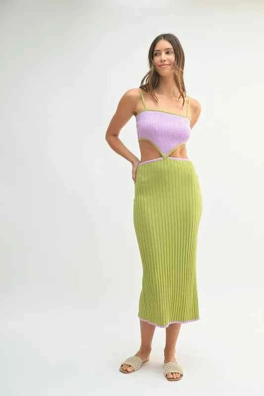 MABLE Ribbed Knit Color Block Cutout Midi Dress