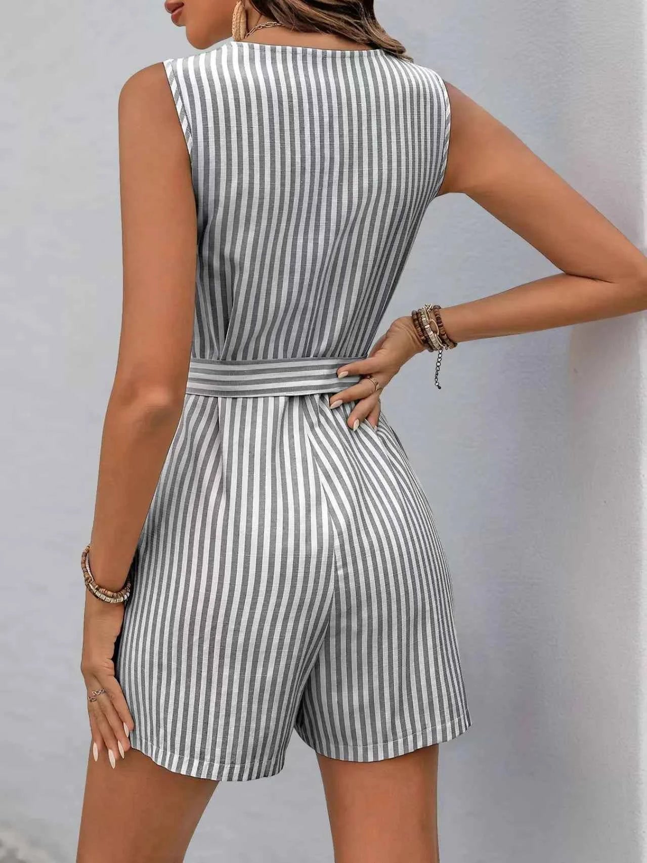 Striped V-neck Button Front Belted Romper