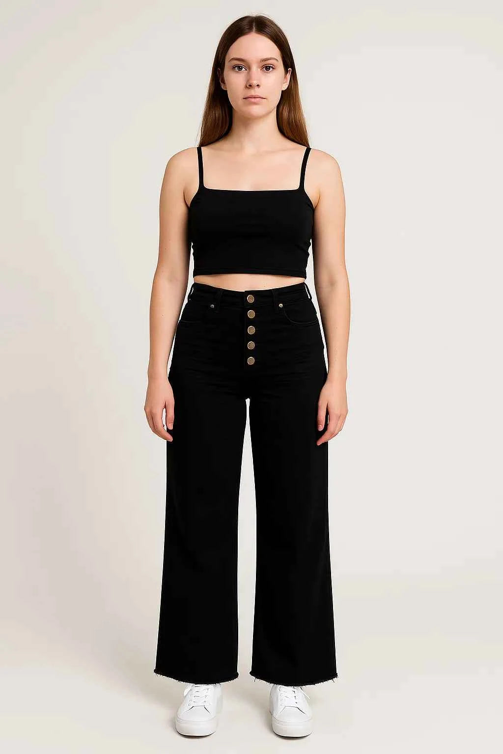 Mittoshop Twill High Waisted Button Fly Wide Leg Pants