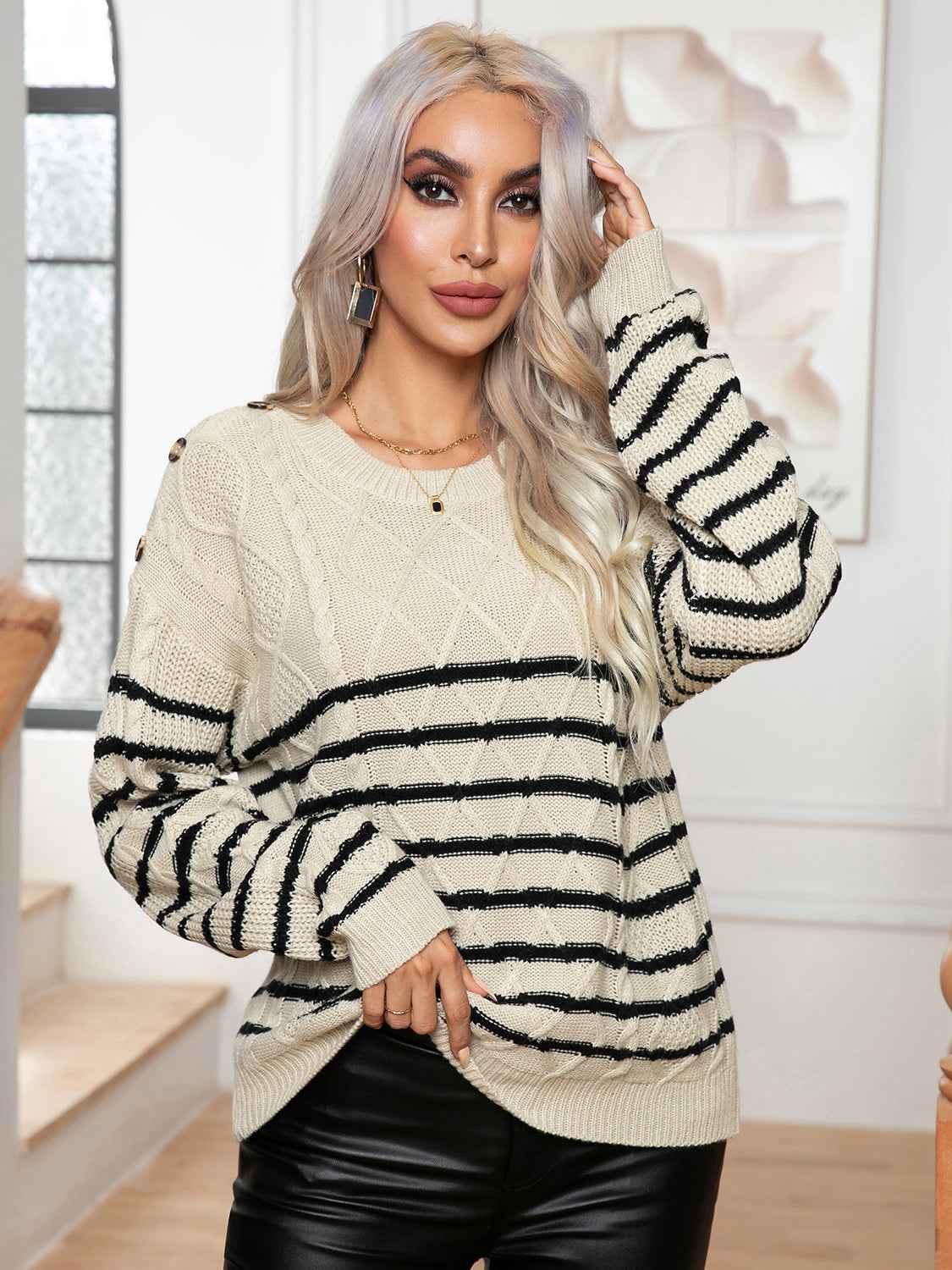 Striped Round Neck Cable-Knit Sweater — Livostyle