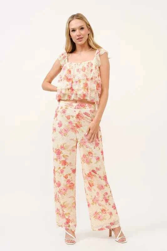 And The Why Fishnet Floral Printed Crop Pants