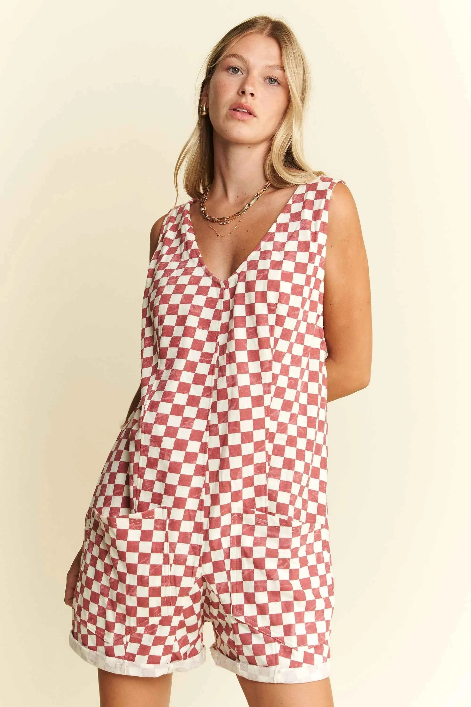 Jade By Jane Plus Size Back Tie Sleeveless Plaid Romper with Pockets