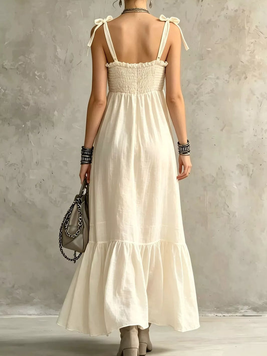 Smocked Tie-Shoulder Ruffle Maxi Dress