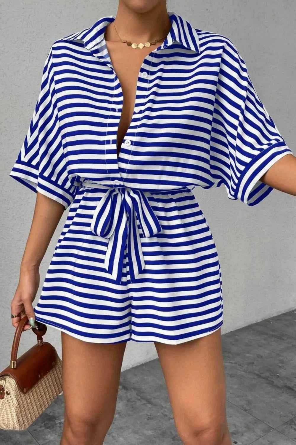Striped Collared Neck Tie Waist Romper