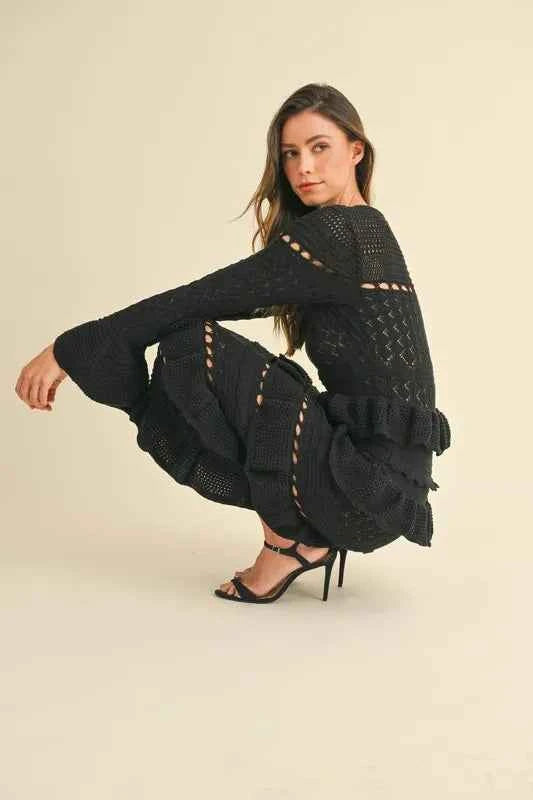 MABLE Long Sleeve Tiered Ruffle Knit Midi Dress