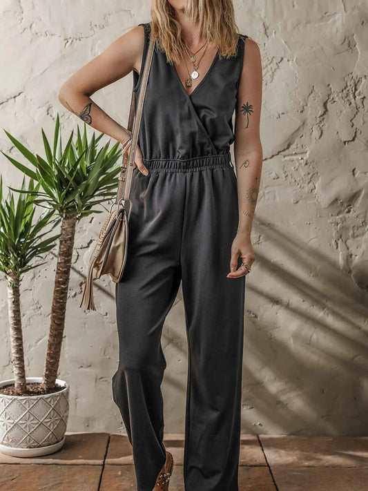 Wrap Surplice Sleeveless High Waist Jumpsuit