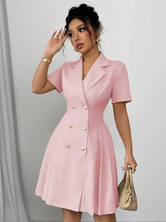 Double-Breasted Pleated Blazer Dress with Lining in Blush Pink