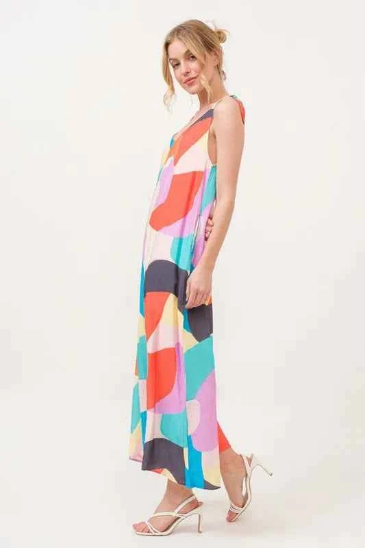 And The Why Tied Shoulder Straps Wide-Leg Geo Print Jumpsuit