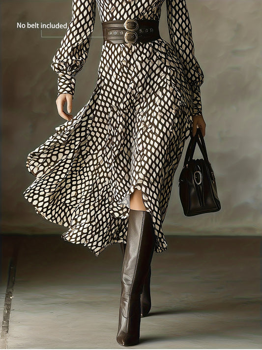 Printed Ruffled Long Sleeve Midi Dress