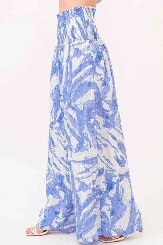 And The Why Smocked Tied Waist Abstract Print Wide Leg Pants