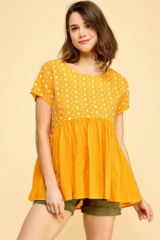 Embroidered Short Sleeve Pleated Babydoll Top — Livostyle