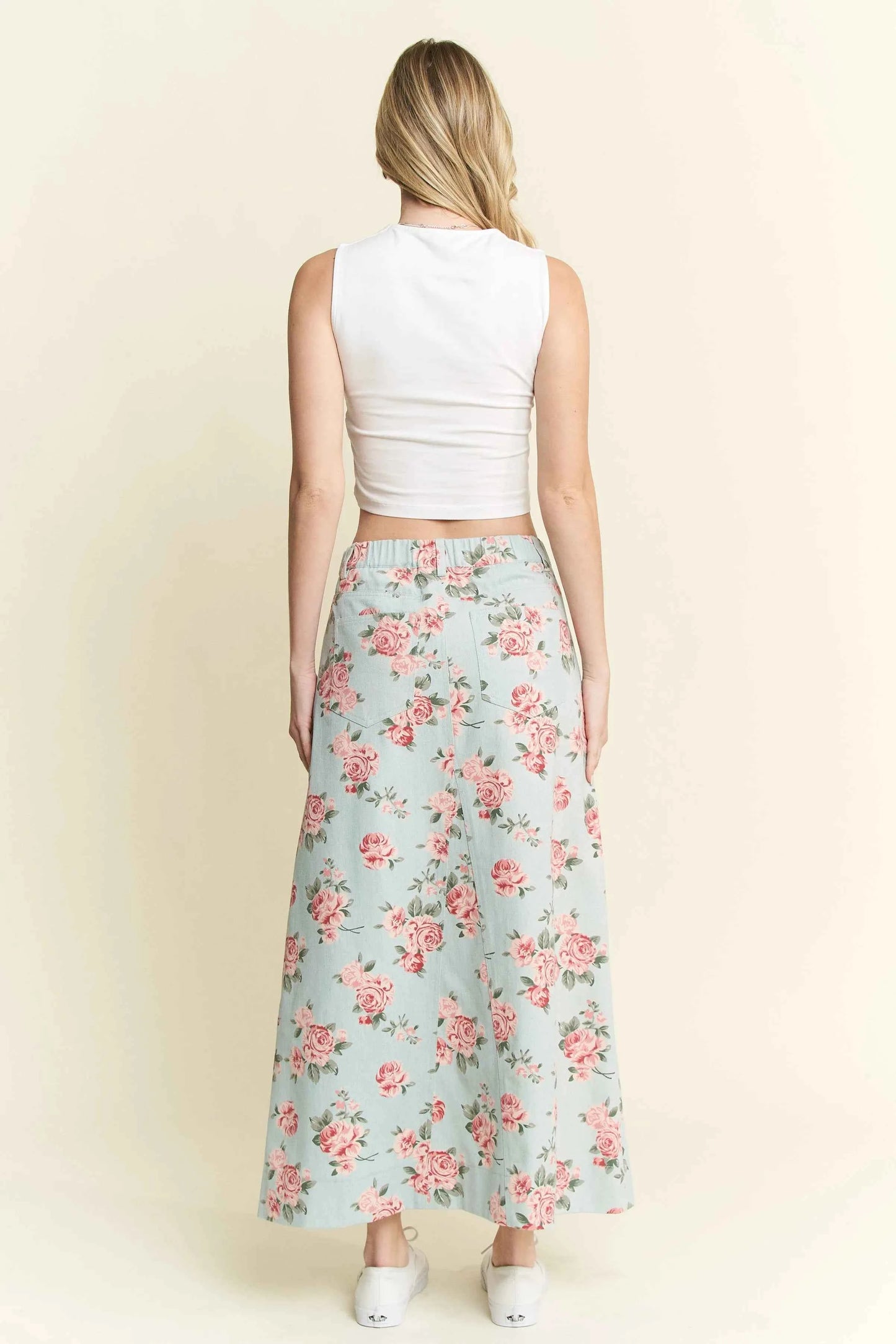 Jade By Jane Full Size Floral Print Front Slit Denim Maxi Skirt Plus Size