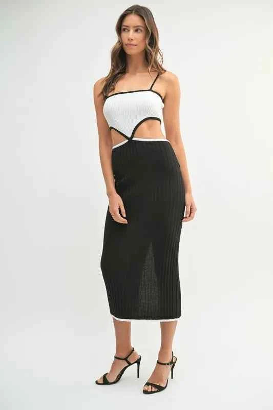 MABLE Ribbed Knit Color Block Cutout Midi Dress