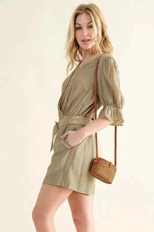 And The Why Flounce Sleeves Romper with Belt
