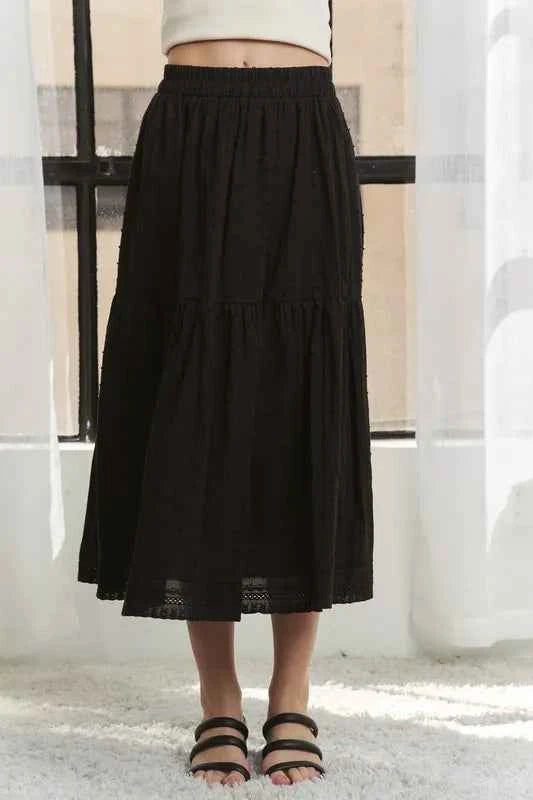 ADORA Elastic Waistband Tiered Midi Skirt