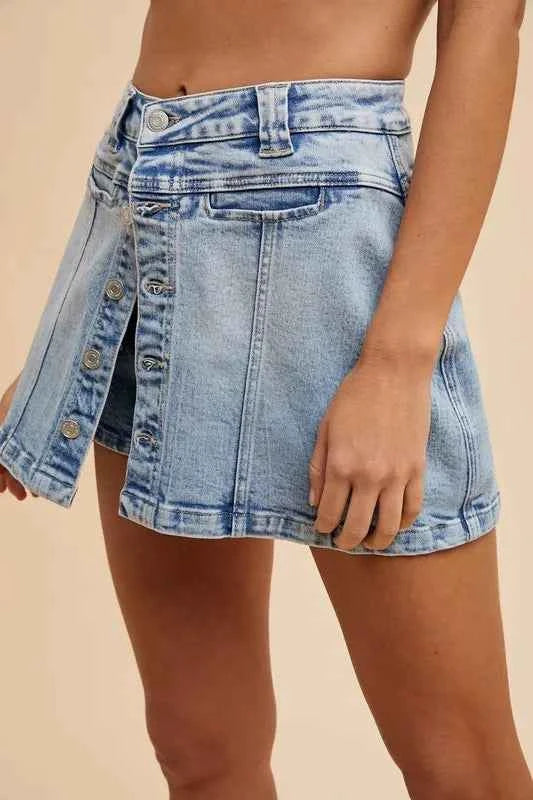 Annie Wear Button Detail Stretch Denim Wrap Mini Skort