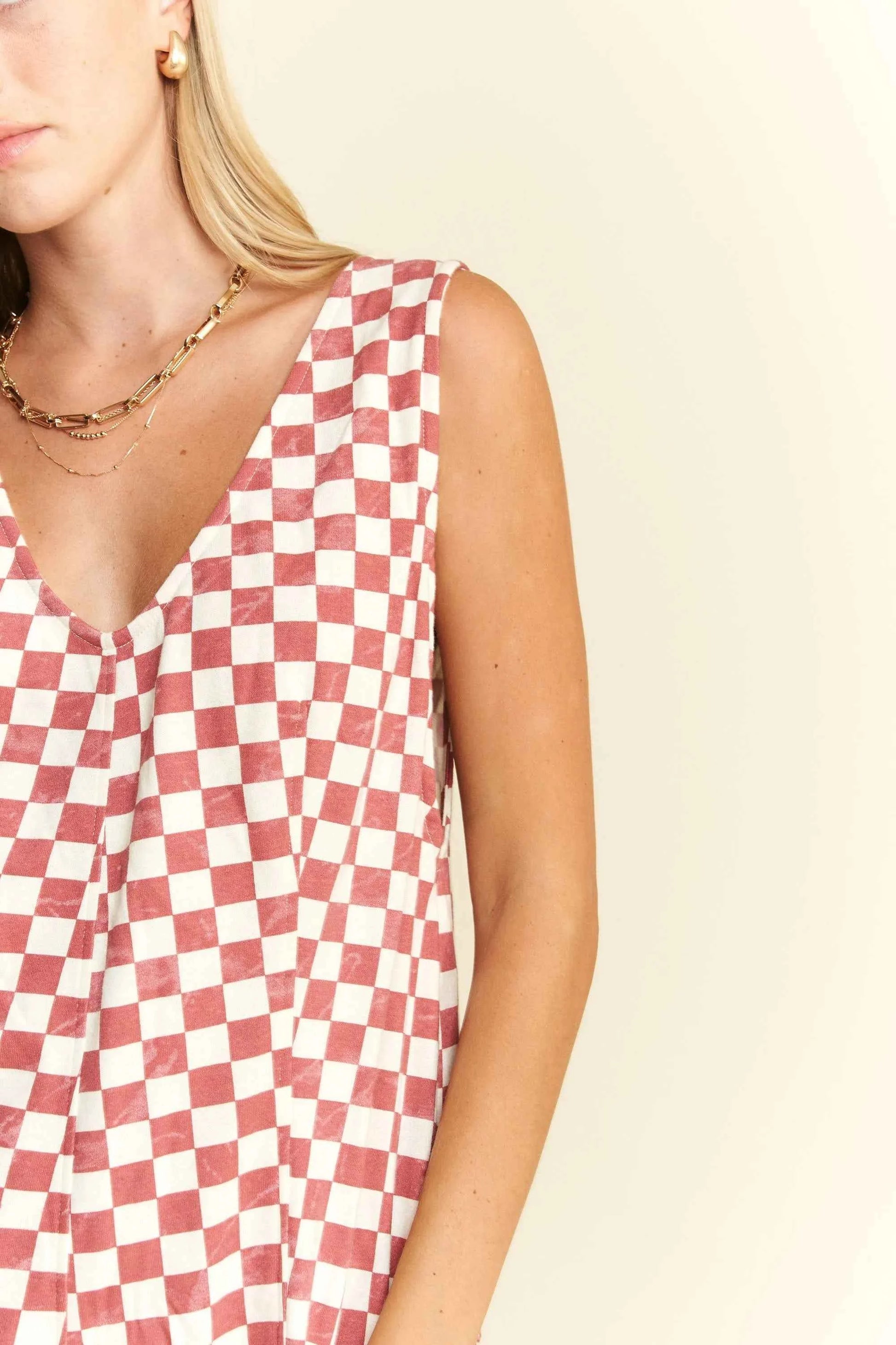 Jade By Jane Plus Size Back Tie Sleeveless Plaid Romper with Pockets