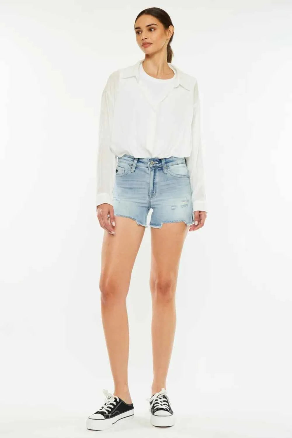 Kancan High Rise Side Slit Denim Shorts