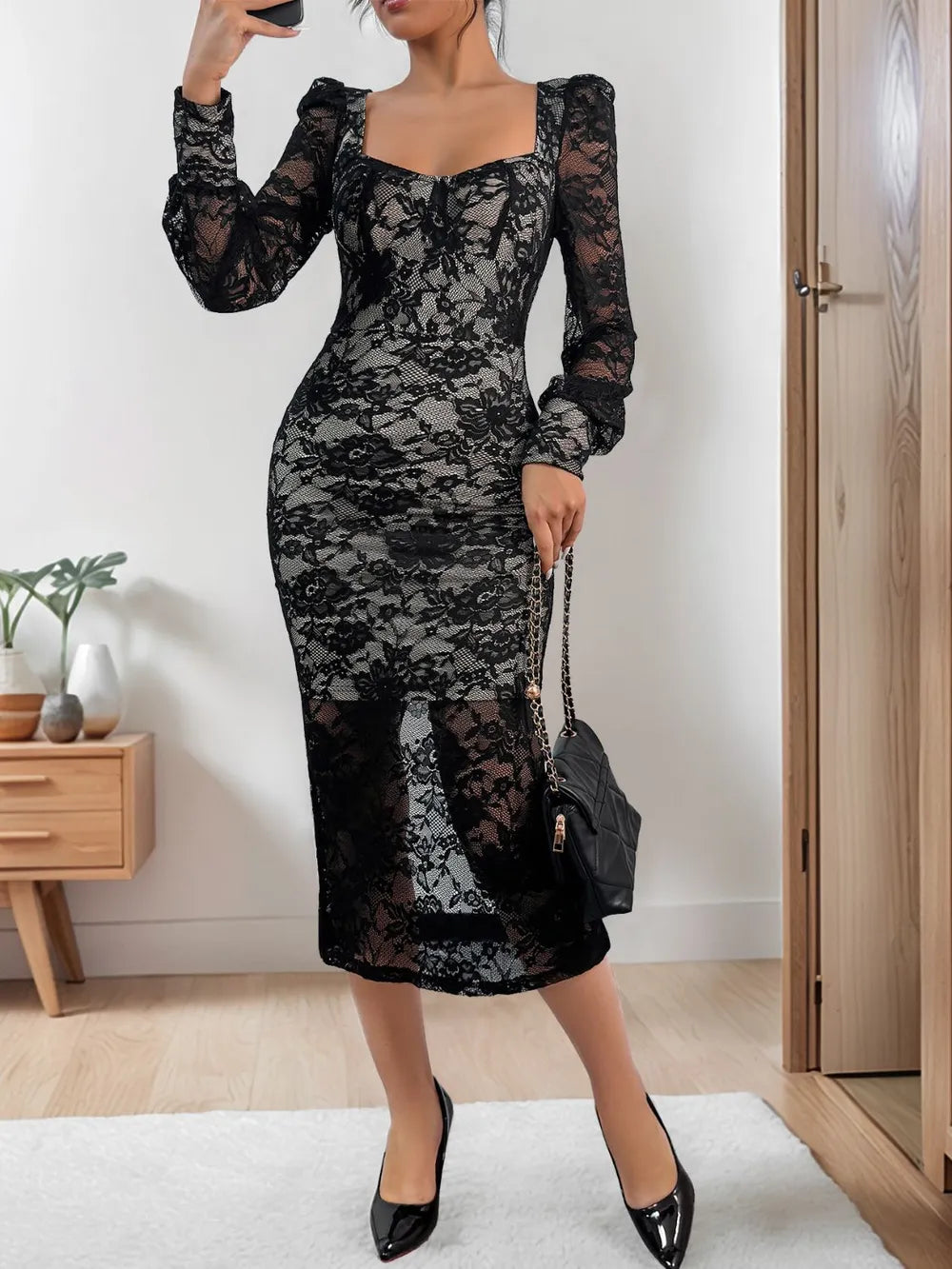 Lace Sweetheart Neck Long Sleeve Midi Dress — Livostyle