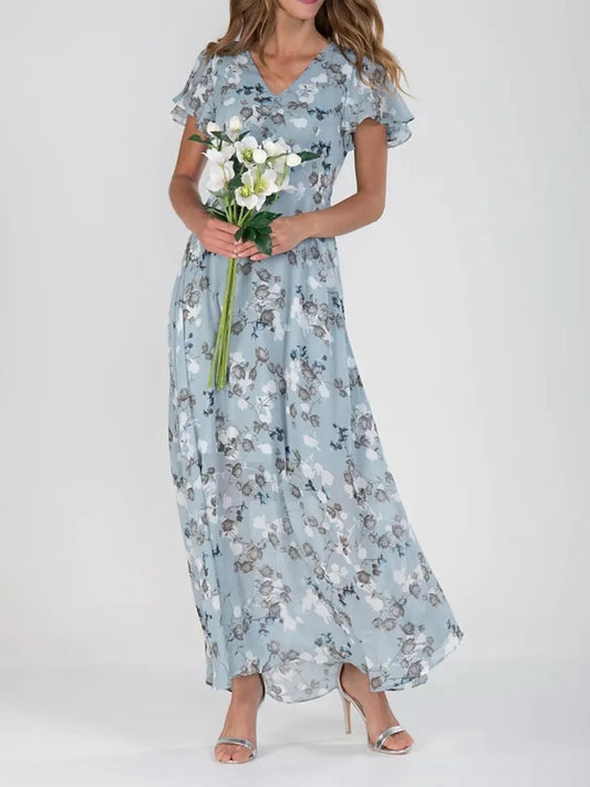 Floral V-Neck Flutter Sleeve Maxi Dress in Light Blue