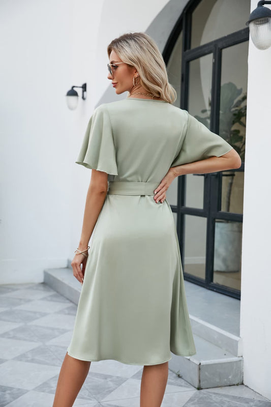 Tie Waist Flutter Sleeve Surplice Midi Dress