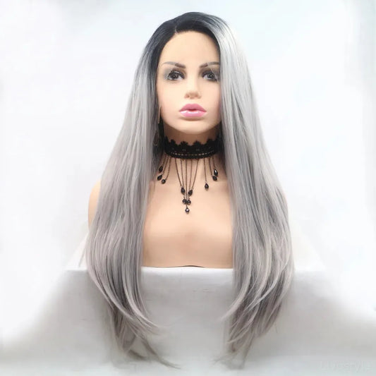 24 Lace Front Synthetic Wig in Silver Ombre, Long Straight — square view — Livostyle