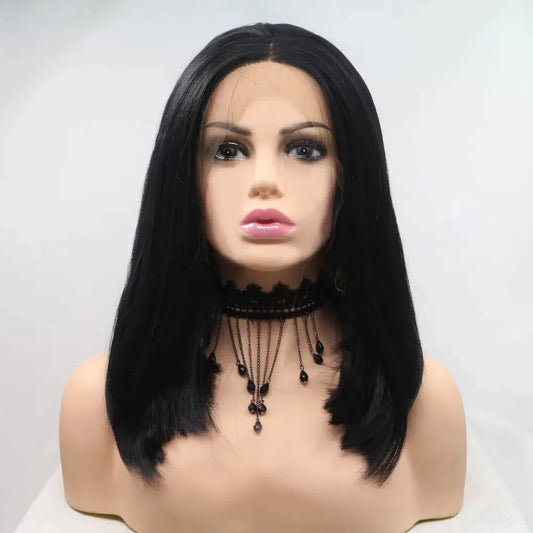 12 Lace Front Synthetic Wig in Black, Mid-Length Straight — square view — Livostyle