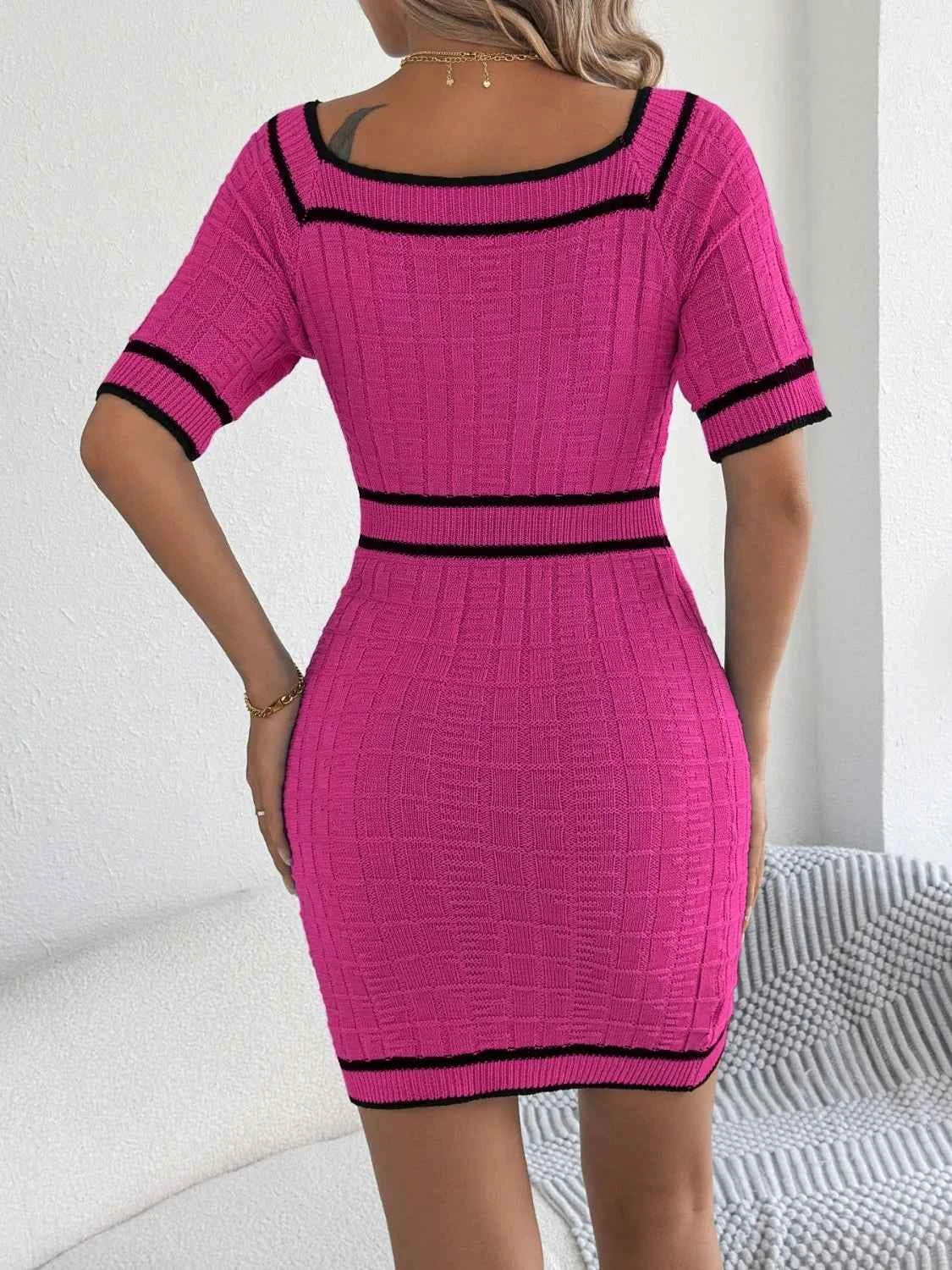 Decorative Button Short Sleeve Sweater Dress