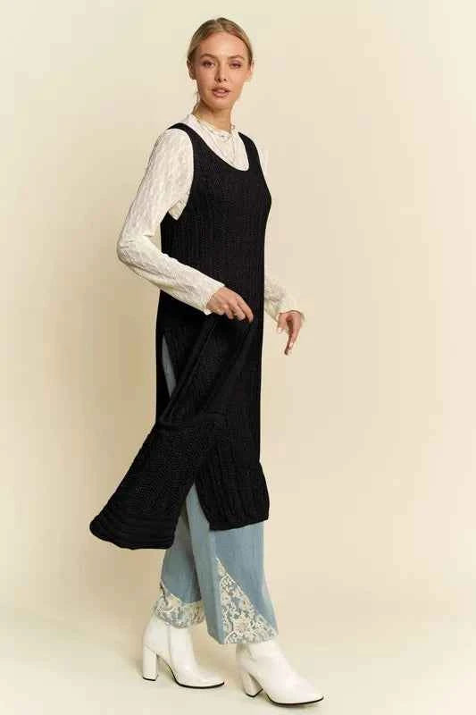 Davi & Dani Knit Side Slit Round Neck Sleeveless Dress & Bag