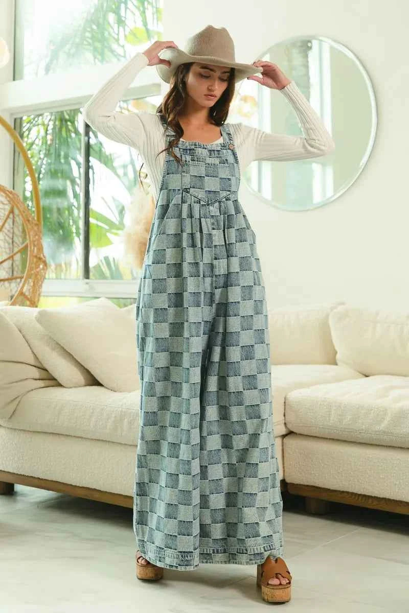 BiBi Washed Vintage Checker Wide Legs Overalls