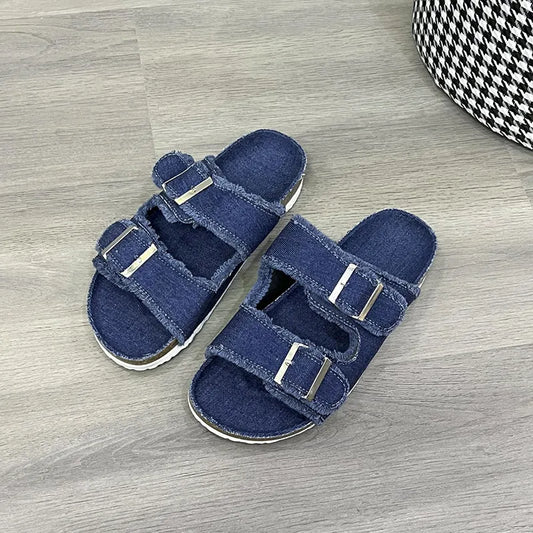 Raw Hem Open Toe Double Buckle Sandals detail — Livostyle
