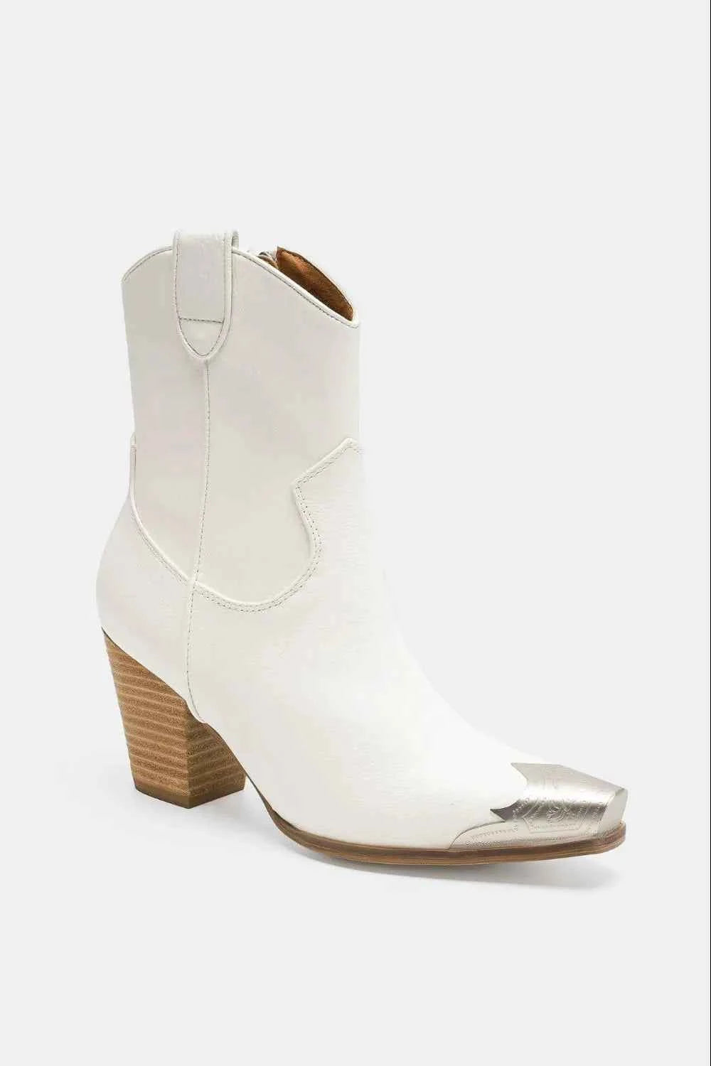 Chic Block Heel Boots with Metallic Toe Cap & Side Zipper