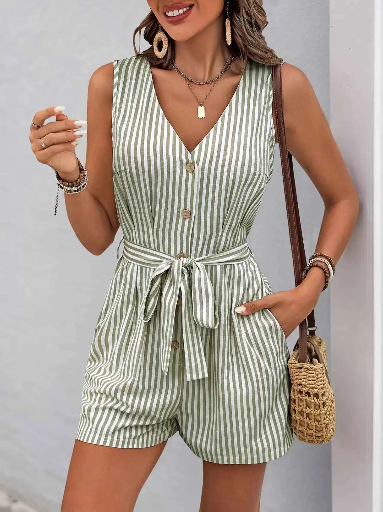 Striped V-neck Button Front Belted Romper