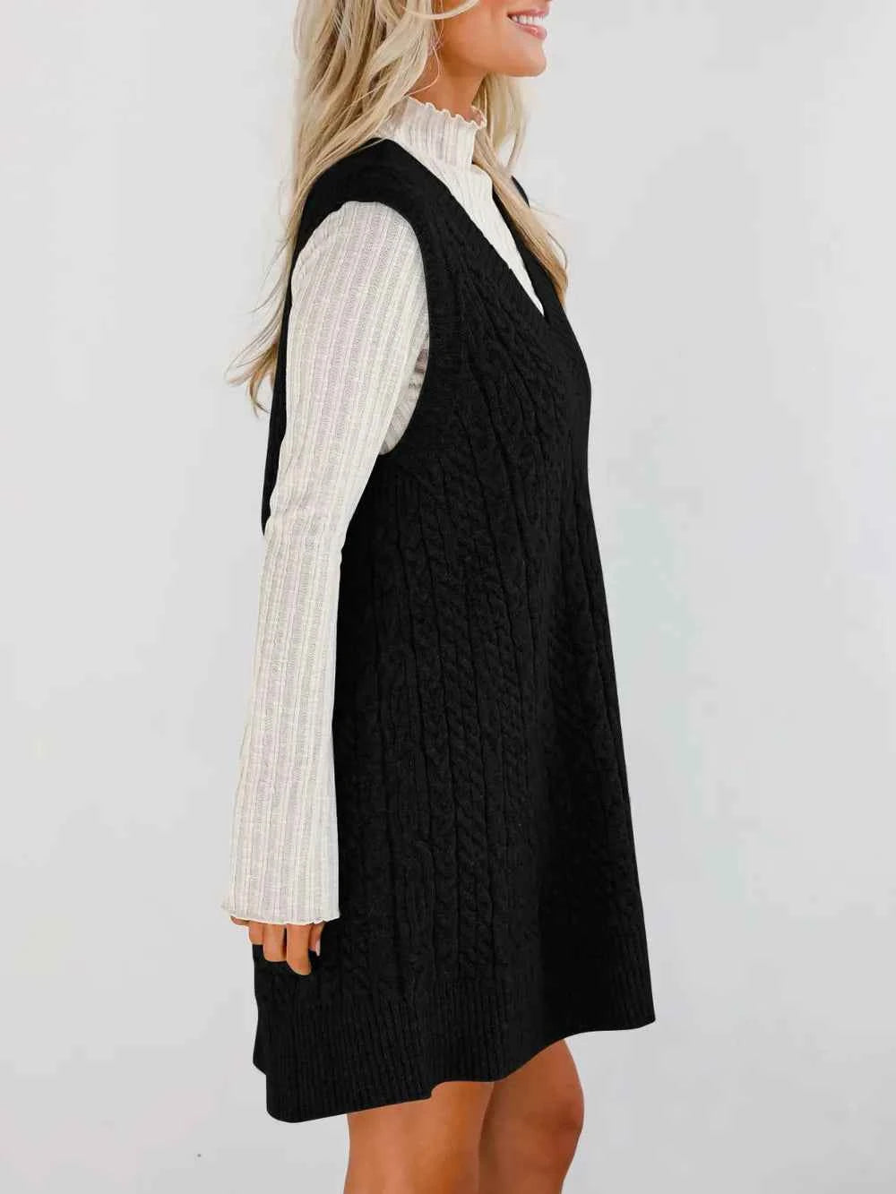 Lovelet Cable Knit V-Neck Mini Sweater Overall Dress