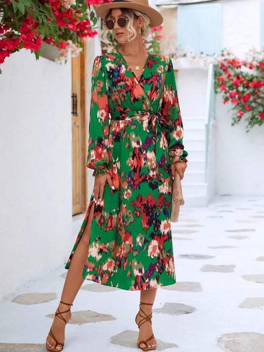 Printed Belted Surplice Long Sleeve Midi Dress with Slit