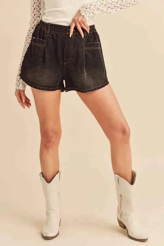 Aemi + Co Frayed Hem Elastic Waist Denim Shorts