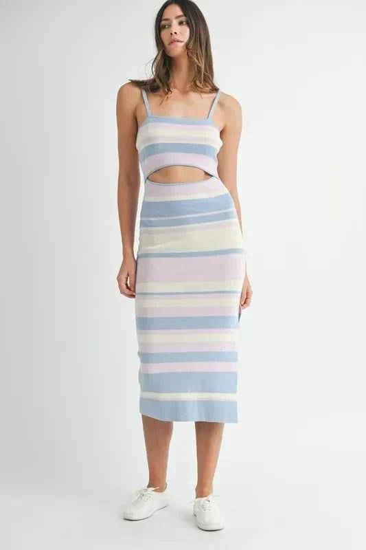 MABLE Multi Color Striped Front Cutout Knit Midi Dress