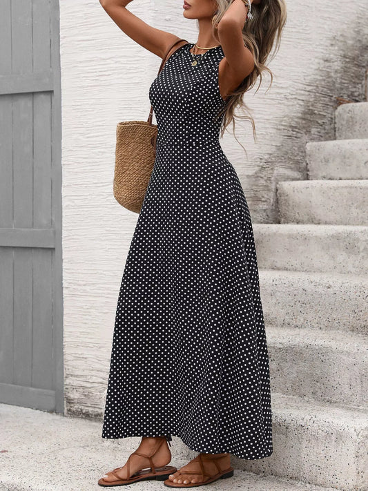 Sleeveless Polka Dot Maxi Dress with Tie Detail
