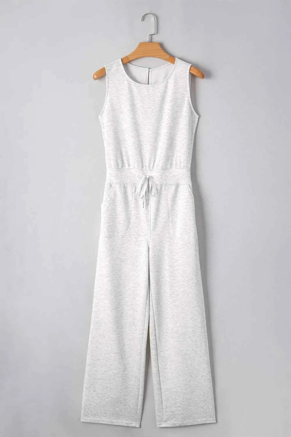 Solid Color Crew Neck Drawstring High Waist Sleeveless Jumpsuit