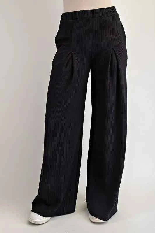 Celeste Full Size Ribbed Wide-Leg Pants with Pockets Plus Size