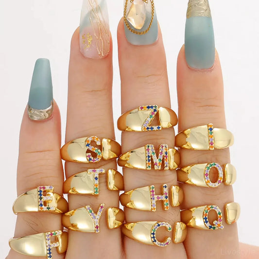 18K Gold-Plated Zircon Letter Ring — square view — Livostyle