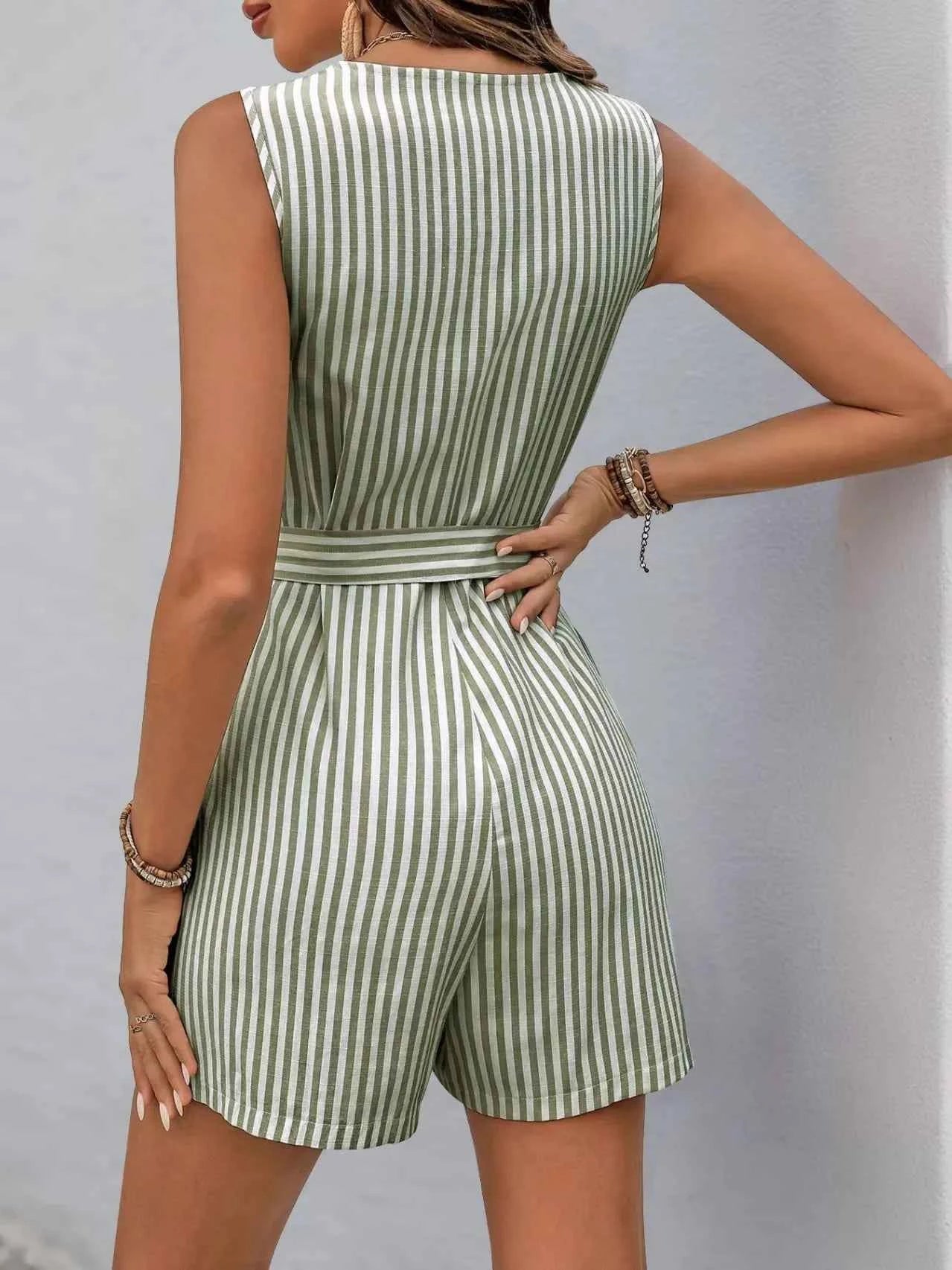 Striped V-neck Button Front Belted Romper