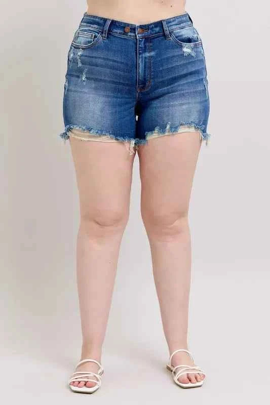 Judy Blue Plus Size 2 Button Dad Shorts with Destrroy