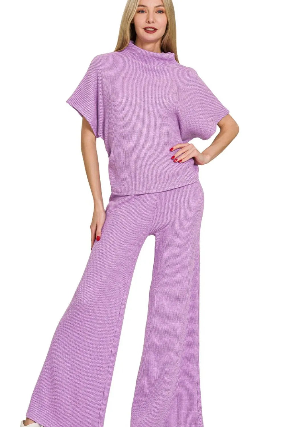 Sweater Mock Neck Top & Long Pants Set in B LAVENDER