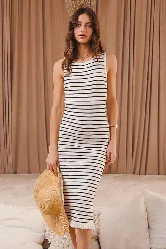 SO ME Stripe Sleeveless Sweater Knit Maxi Dress With Ruffled Hem