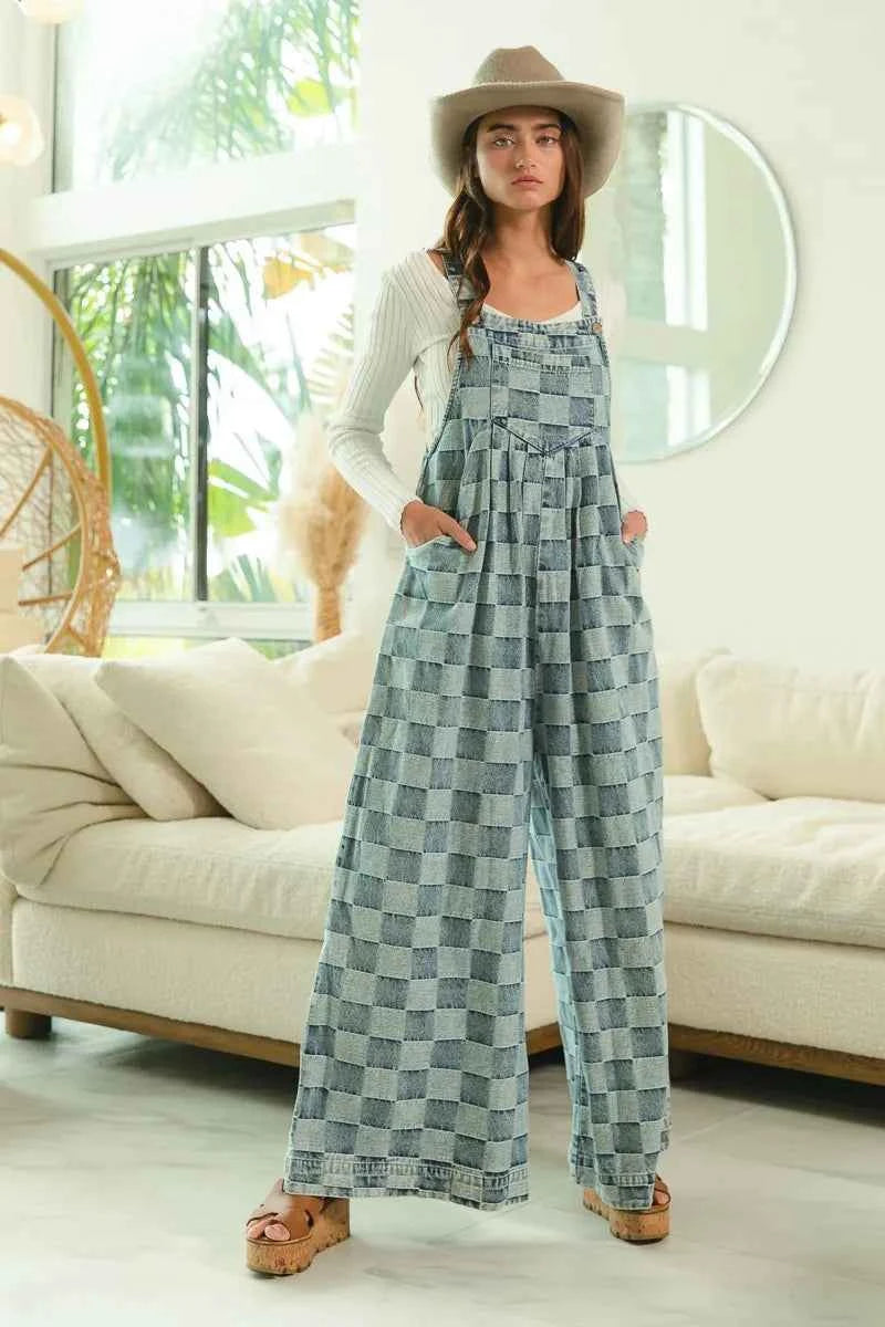 BiBi Washed Vintage Checker Wide Legs Overalls